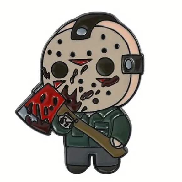 Enamel Jason Friday 13th Pin Horror Scary Cartoon Metal Movie Charm Mask Axe - Picture 1 of 3